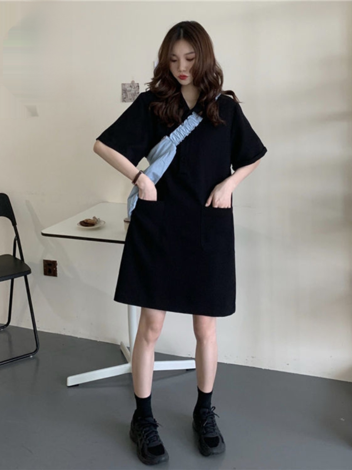 Korean Style A Line Shirt Dress - Gaun A-Line Ukuran Besar dengan Kerah,