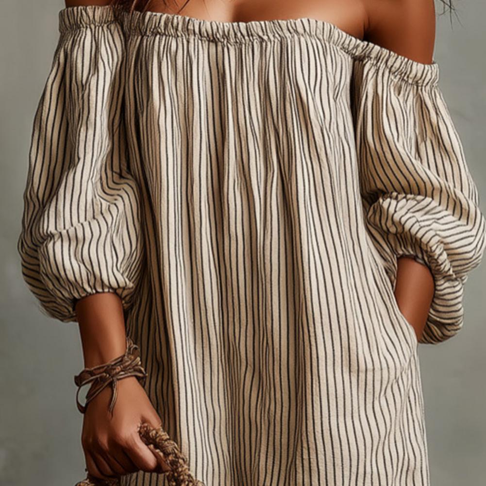 Off Shoulder Puff Sleeve Sundress - Gaun Maxi Wanita Musim Semi Musim