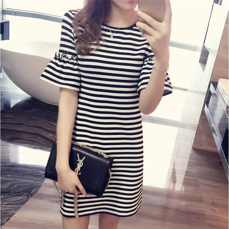 Korean Style A Line Shirt Dress - Gaun Bergaris Musim Panas Wanita Panjang