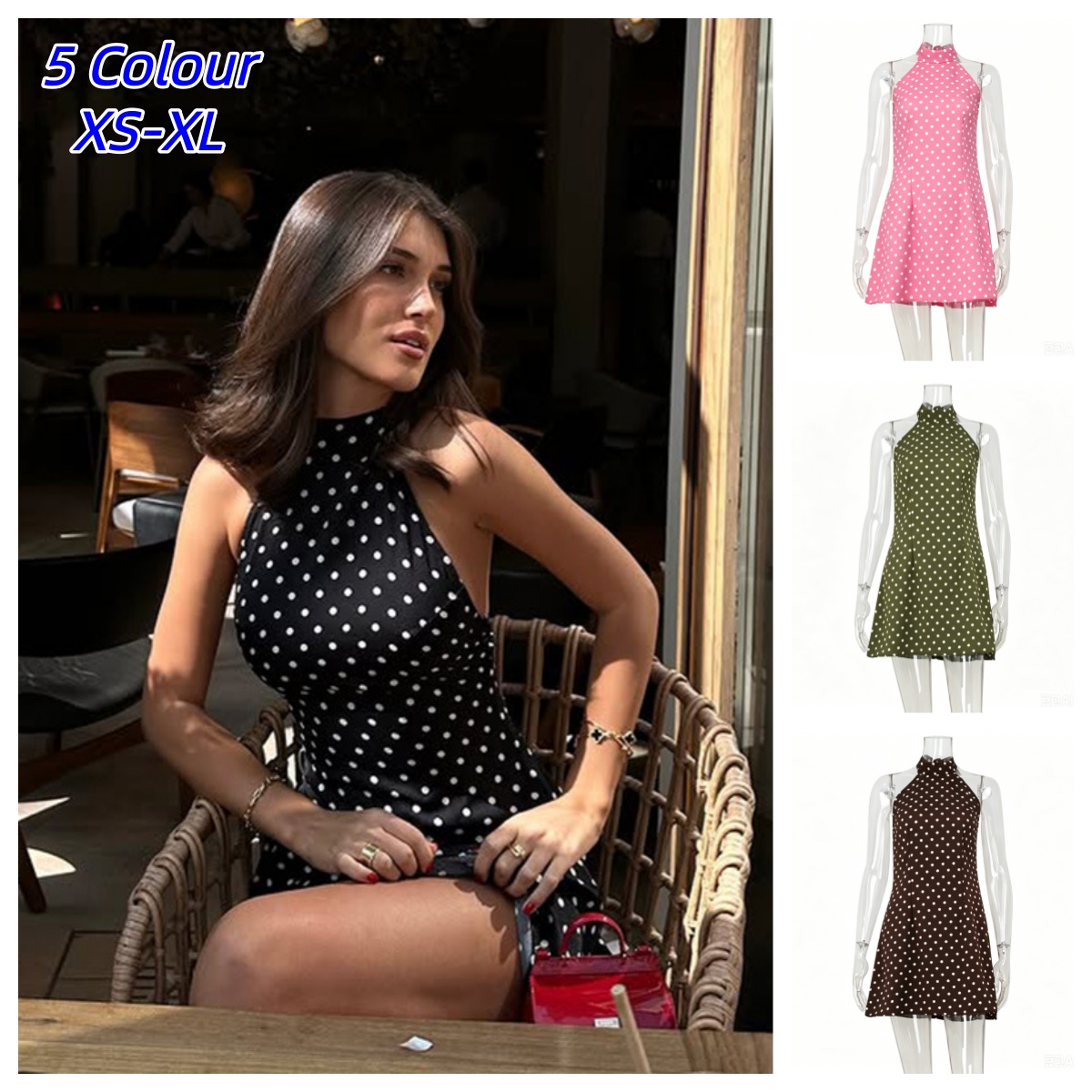 Y2K Backless Halter Mini Dress - Gaun Halter Motif Polkadot Retro Seksi
