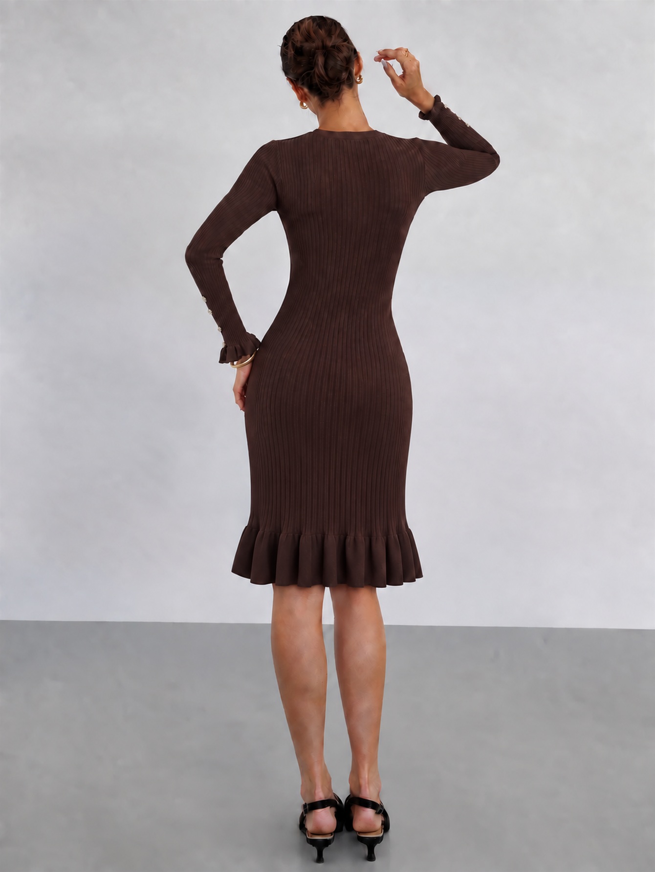 Gaun Rajut Bodycon Elegan, Gau - Bodycon Long Sleeve Ribbed Dress ulasan dan harga