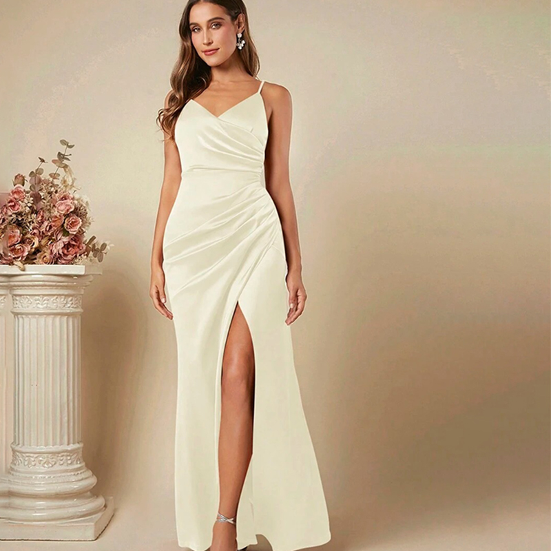 Gaun Suspender Satin Elegan Wa - Elegant Satin Evening Gown Split ulasan dan harga