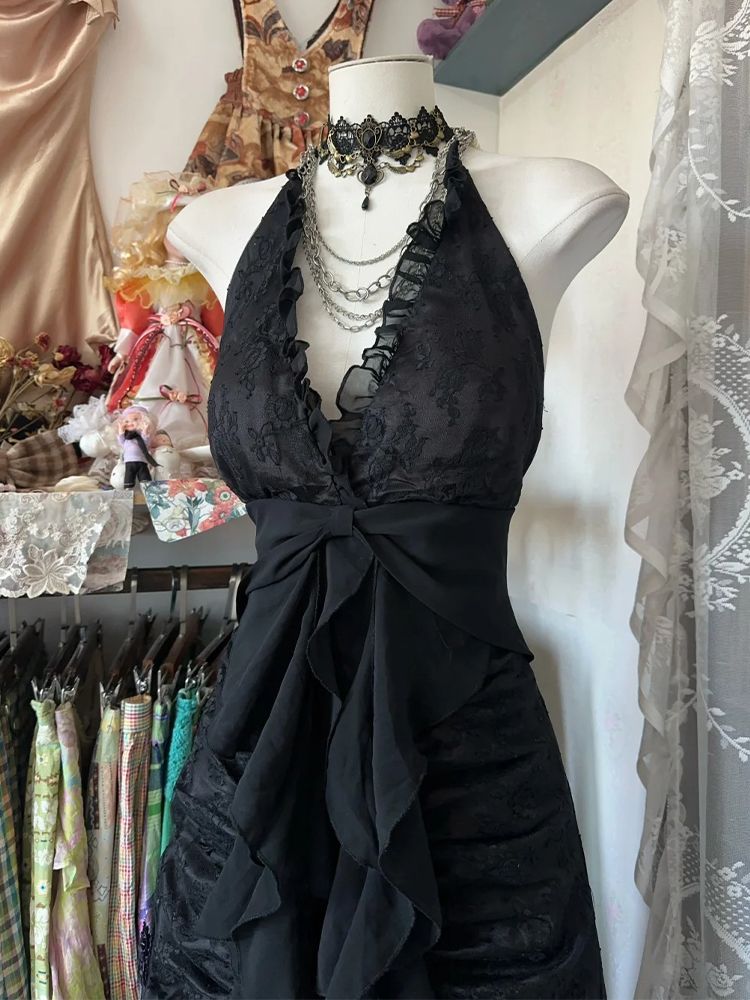 Gaun Tanpa Lengan Halter Vinta - Y2K Backless Halter Mini Dress ulasan dan harga