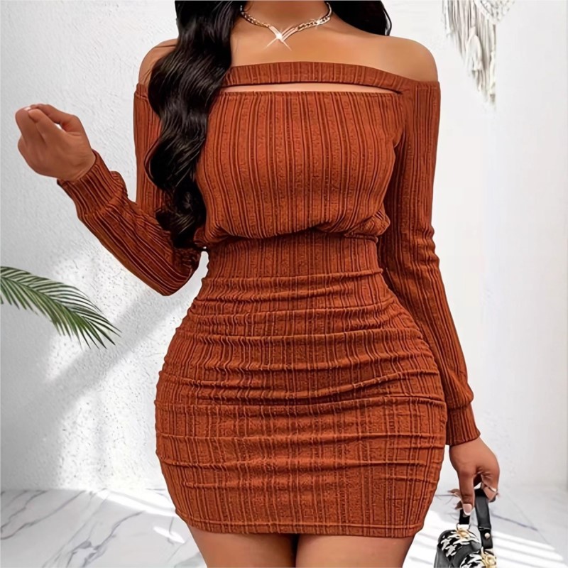 Gaun Modis Wanita Gaun Pesta M - Bodycon Long Sleeve Ribbed Dress ulasan dan harga