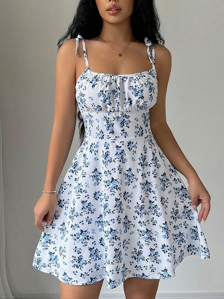 Gaun Pendek Pantai Tali Spaghe - French Vintage Floral Midi Dress ulasan dan harga