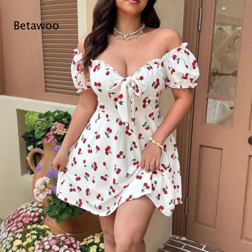 Gaun Mini Wanita Bermotif Bung - Off Shoulder Puff Sleeve Sundress ulasan dan harga