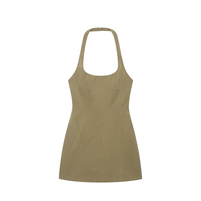 Gaun Mini Halter Khaki Vintage - Y2K Backless Halter Mini Dress ulasan dan harga