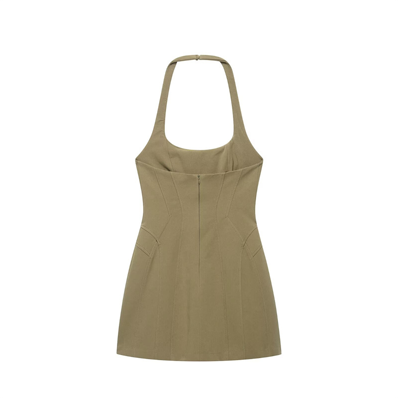 Gaun Mini Halter Khaki Vintage - Y2K Backless Halter Mini Dress ulasan dan harga