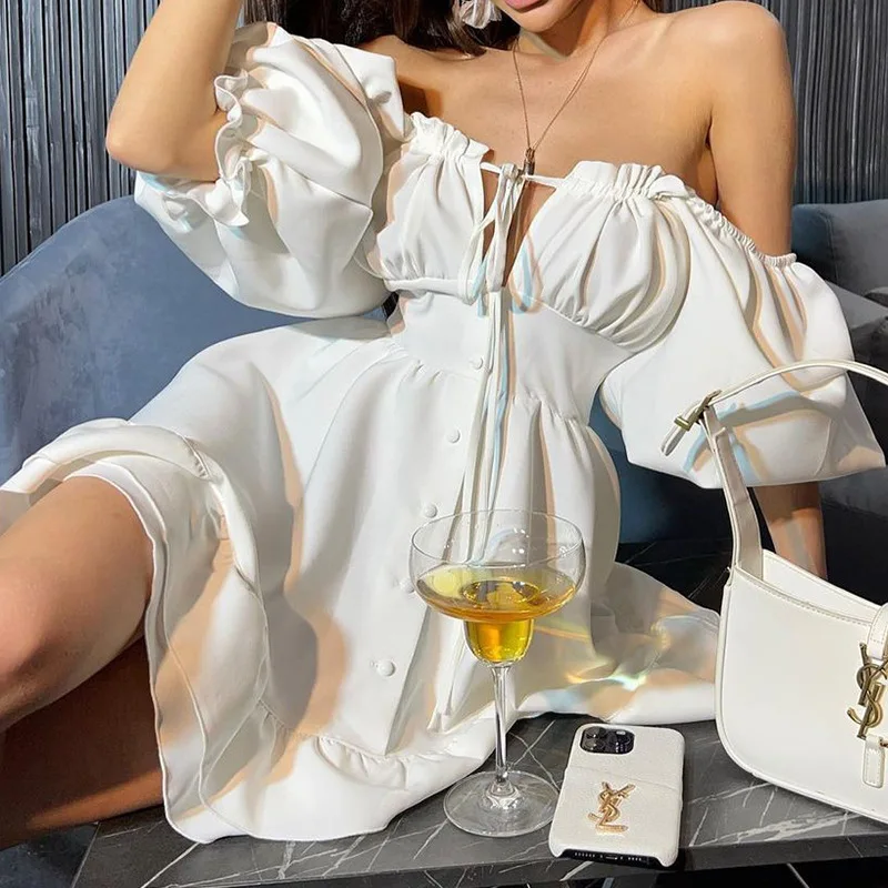 Gaun Mini Wanita Model Off Sho - Off Shoulder Puff Sleeve Sundress ulasan dan harga