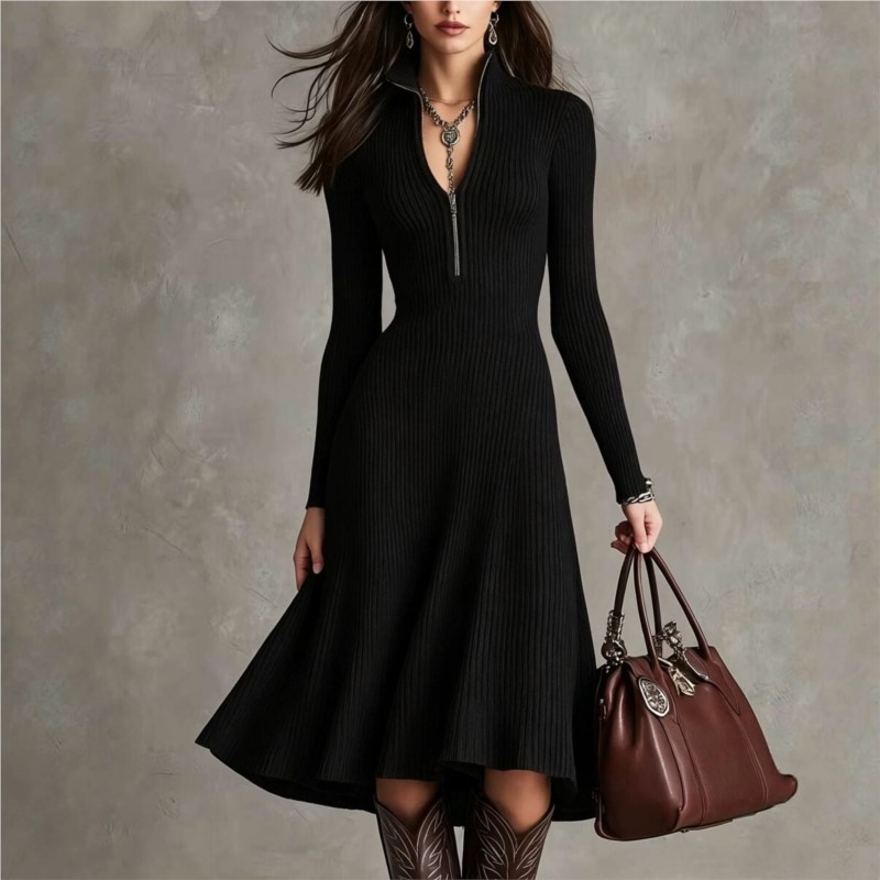 Gaun Midi Rajut Bergaris untuk - Bodycon Long Sleeve Ribbed Dress ulasan dan harga