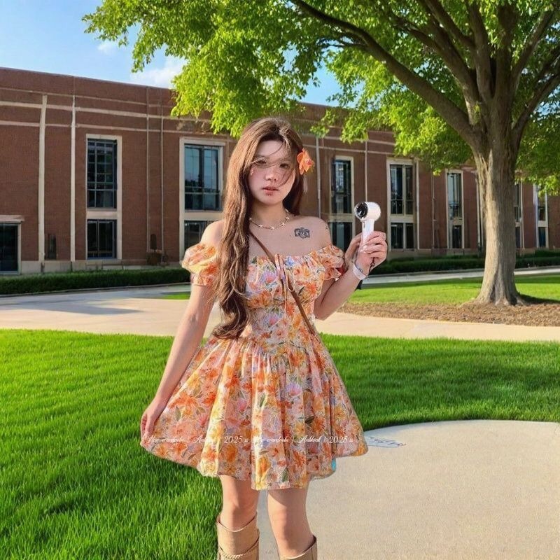 Gaun Mini Motif Bunga Oranye M - Off Shoulder Puff Sleeve Sundress ulasan dan harga